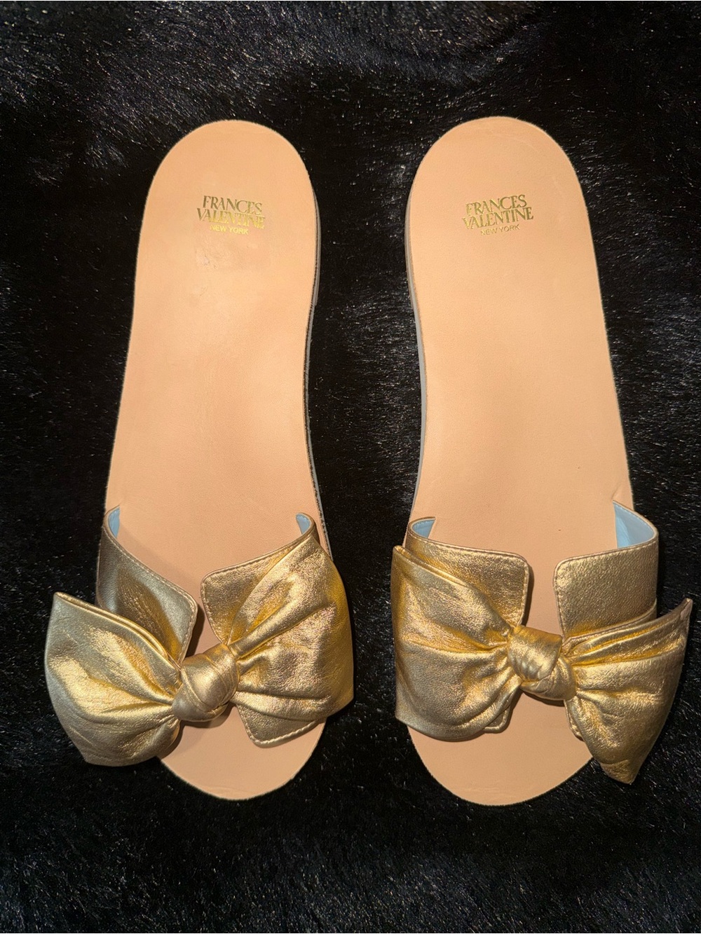 Frances Valentine Metallic Gold Bow Slide Sandals NWOT